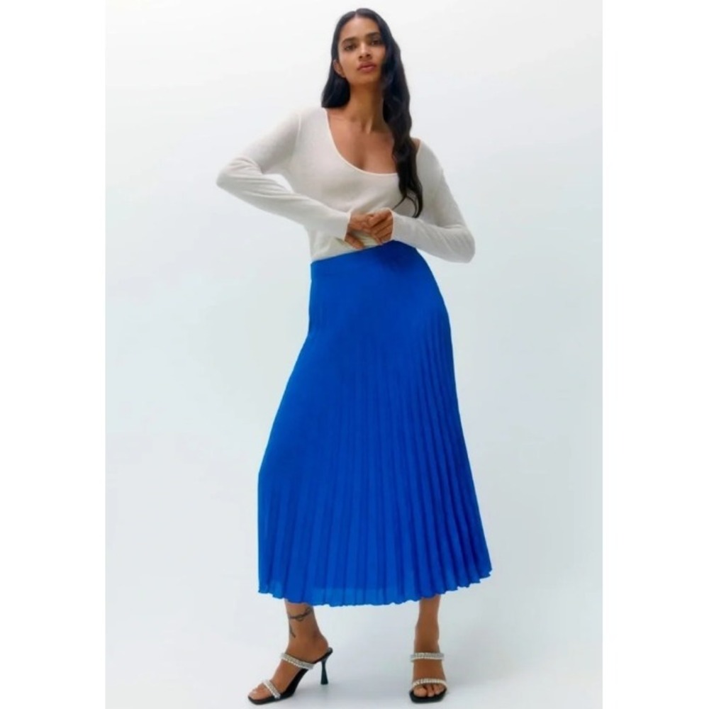 Zara Royal Blue Pleated Midi Maxi Skirt XS Preppy Bold Jewel Tone Career Capsule